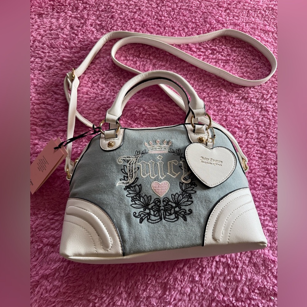 Beautiful JUICY COUTURE DENIM HERITAGE SATCHEL Pink Heart W Free Gift